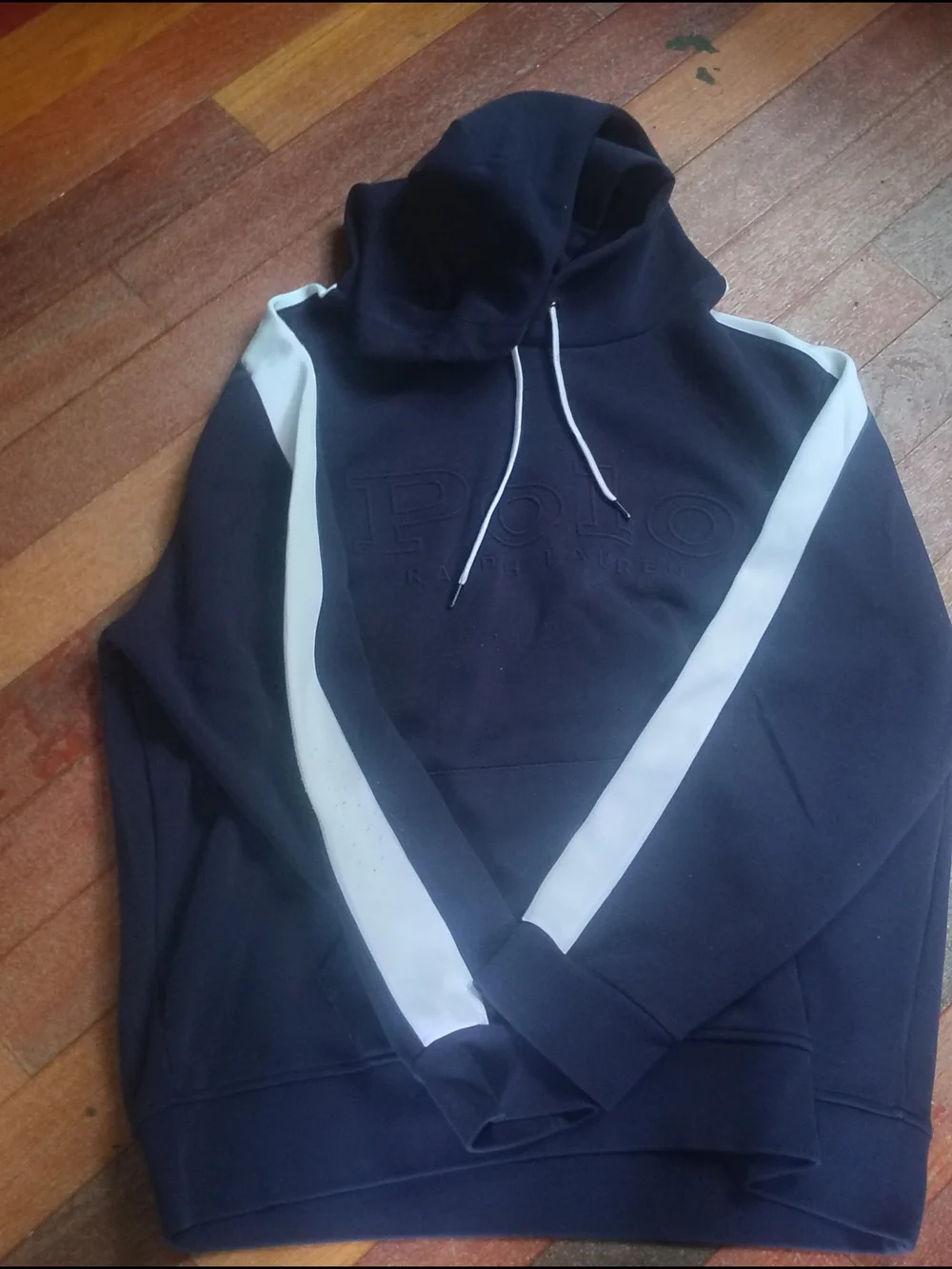 Polo by Ralph Lauren Navy Pullover Hoodie with White Sleeve Stripes
